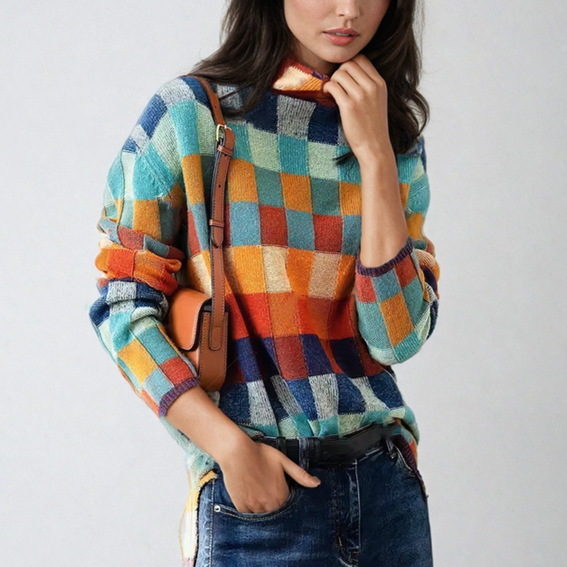 Vanessa - Pull à Col Roulé Patchwork Coloré Stylé pour l'Automne pour Femmes