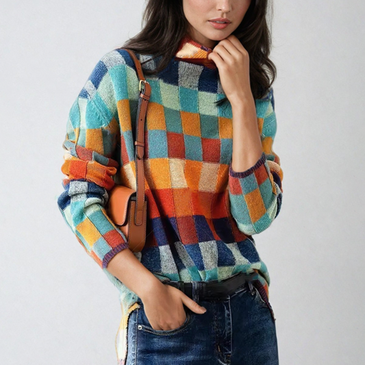 Vanessa - Pull à Col Roulé Patchwork Coloré Stylé pour l'Automne pour Femmes