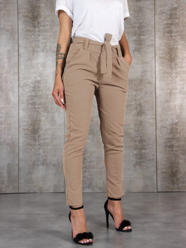 Valérie - Pantalon slim en mousseline de soie à taille élastique avec lien à la taille