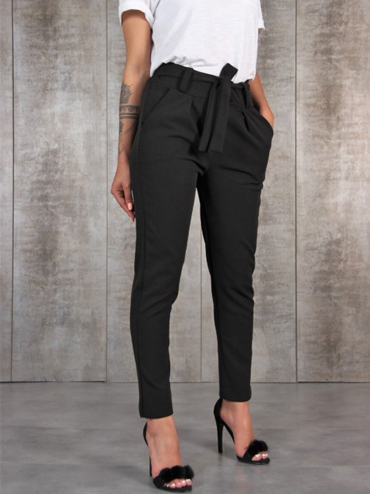 Valérie - Pantalon slim en mousseline de soie à taille élastique avec lien à la taille