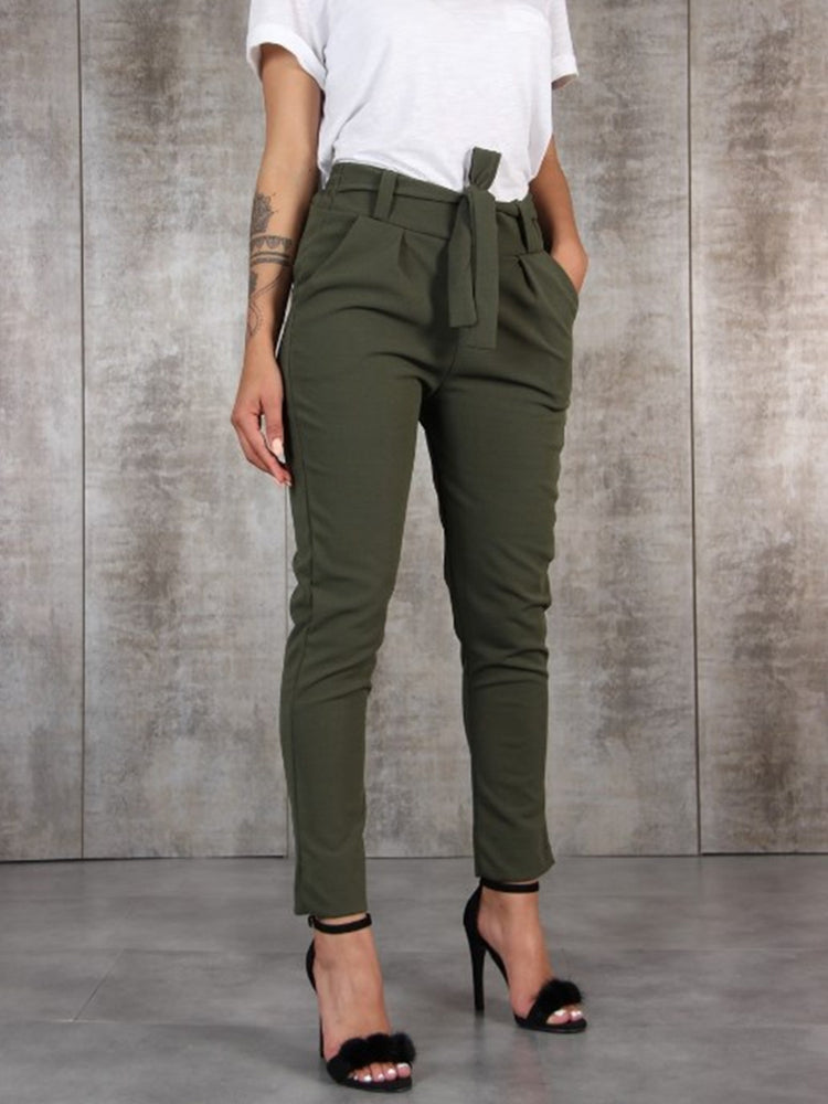 Valérie - Pantalon slim en mousseline de soie à taille élastique avec lien à la taille