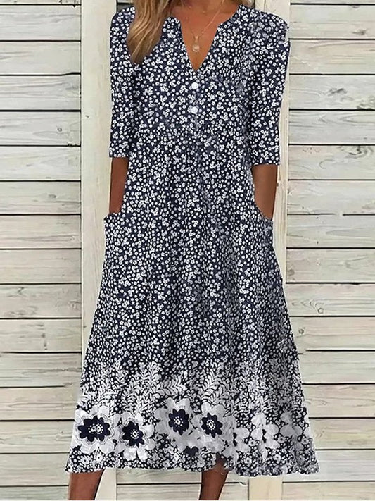 Zia - Robe décontractée à demi-manches, imprimé floral et encolure en cœur