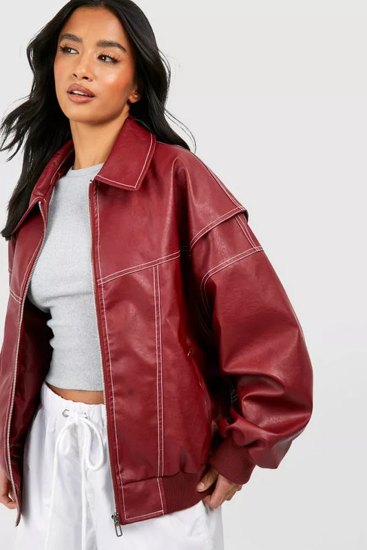 Veste en cuir rouge oversize