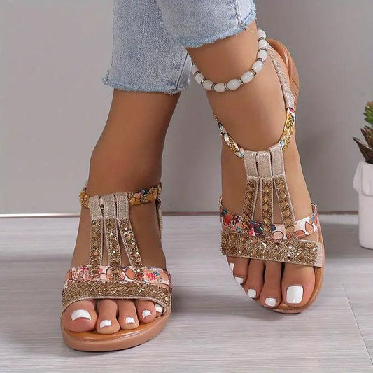 Kandace Sandals - Sandales à semelles compensées Boho avec lanières tressées et strass