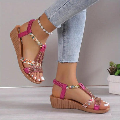 Kandace Sandals - Sandales à semelles compensées Boho avec lanières tressées et strass