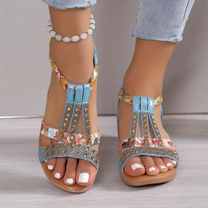 Kandace Sandals - Sandales à semelles compensées Boho avec lanières tressées et strass