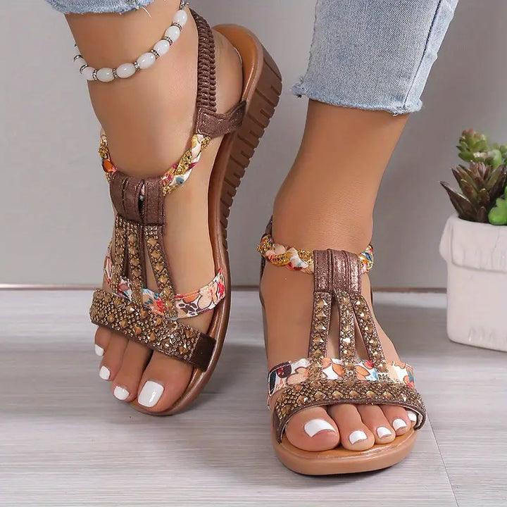 Kandace Sandals - Sandales à semelles compensées Boho avec lanières tressées et strass