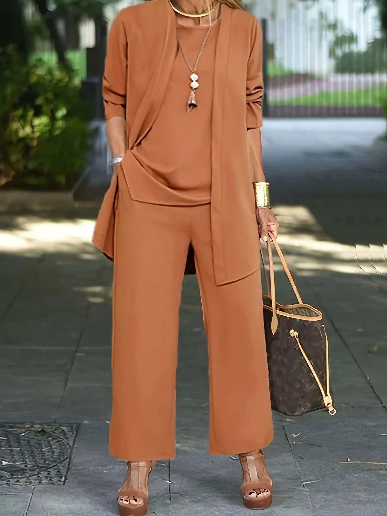 Khandra Set | Casual Three-Piece Set with Long Sleeve Cardigan and Wide Trousers