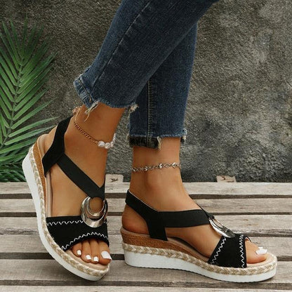 Lanette Sandals | Orthopaedic Wedge Heels with Elastic Straps and Metal Accent (Sandales orthopédiques à talons compensés avec sangles élastiques et accents métalliques)