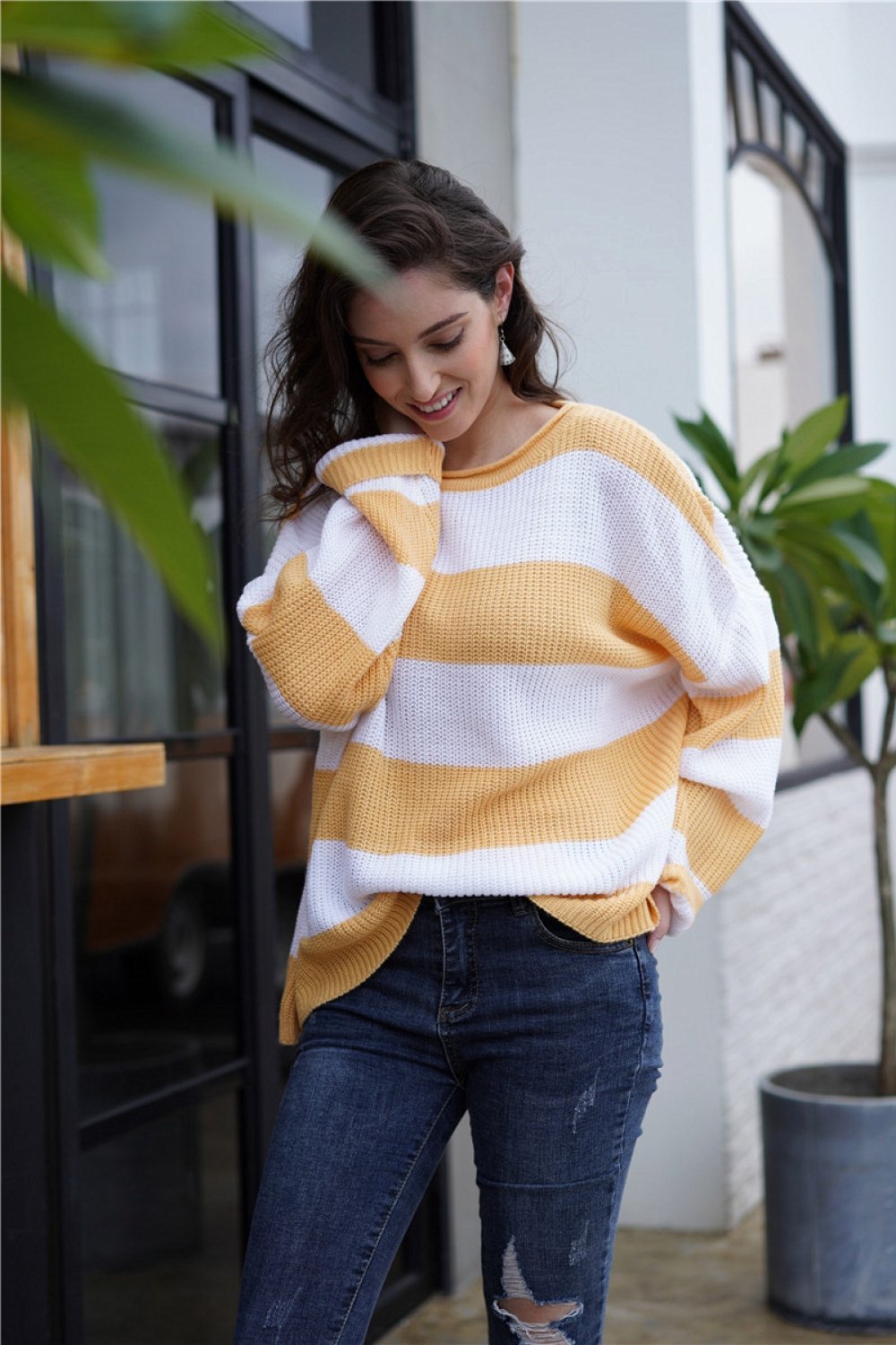 Pull rayé à col rond pour femmes