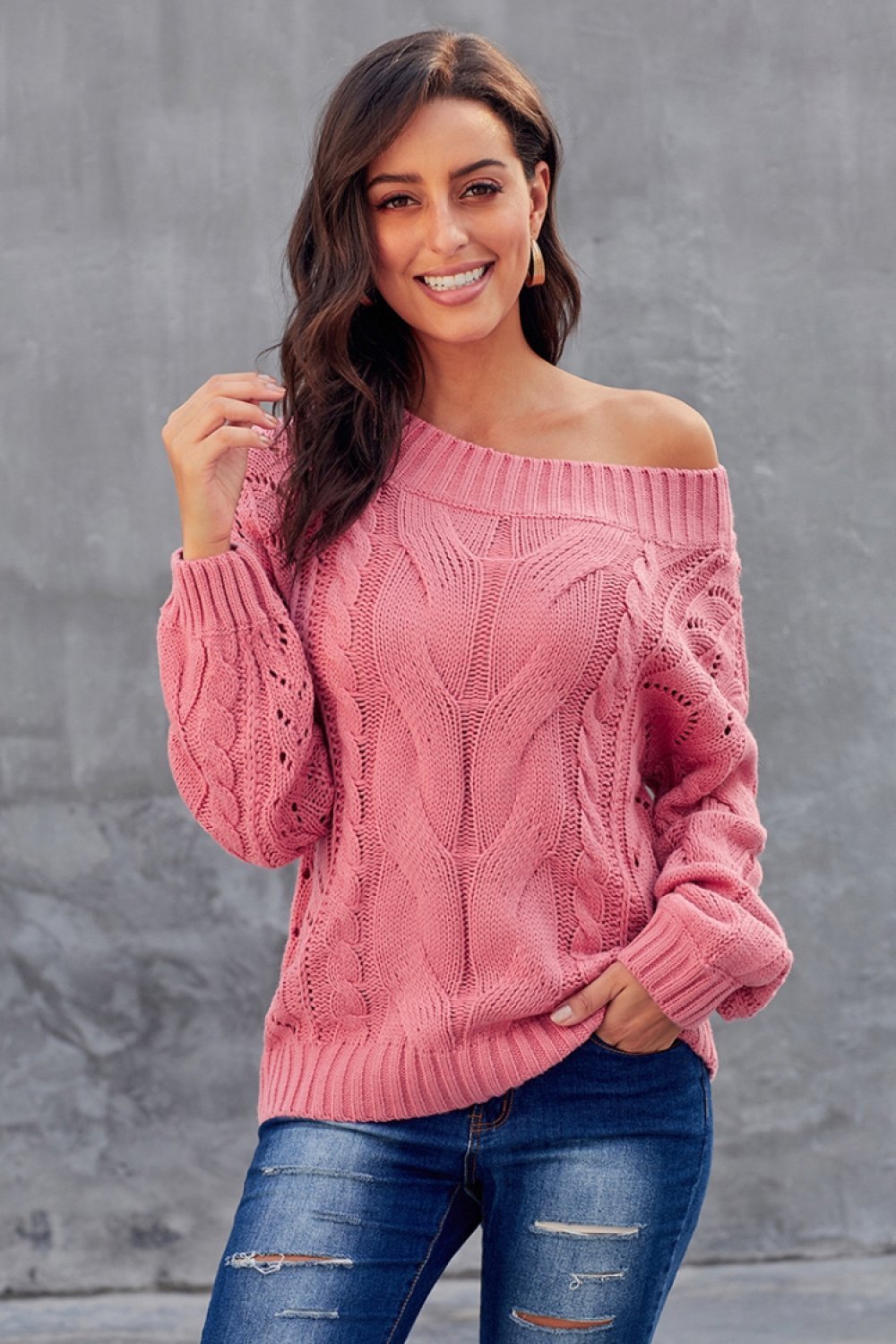 Pull-over avec câble lâche et couleur unie pour femmes