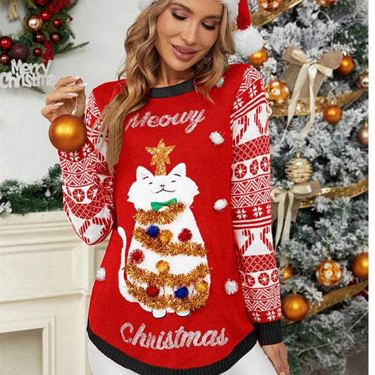 Jennifer - Pull de Noël avec motif de chat de dessin animé