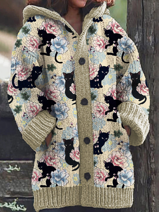 Coco-Mode | Cardigan à capuche tricoté décontracté avec motif de fleurs de chat noir pour femmes