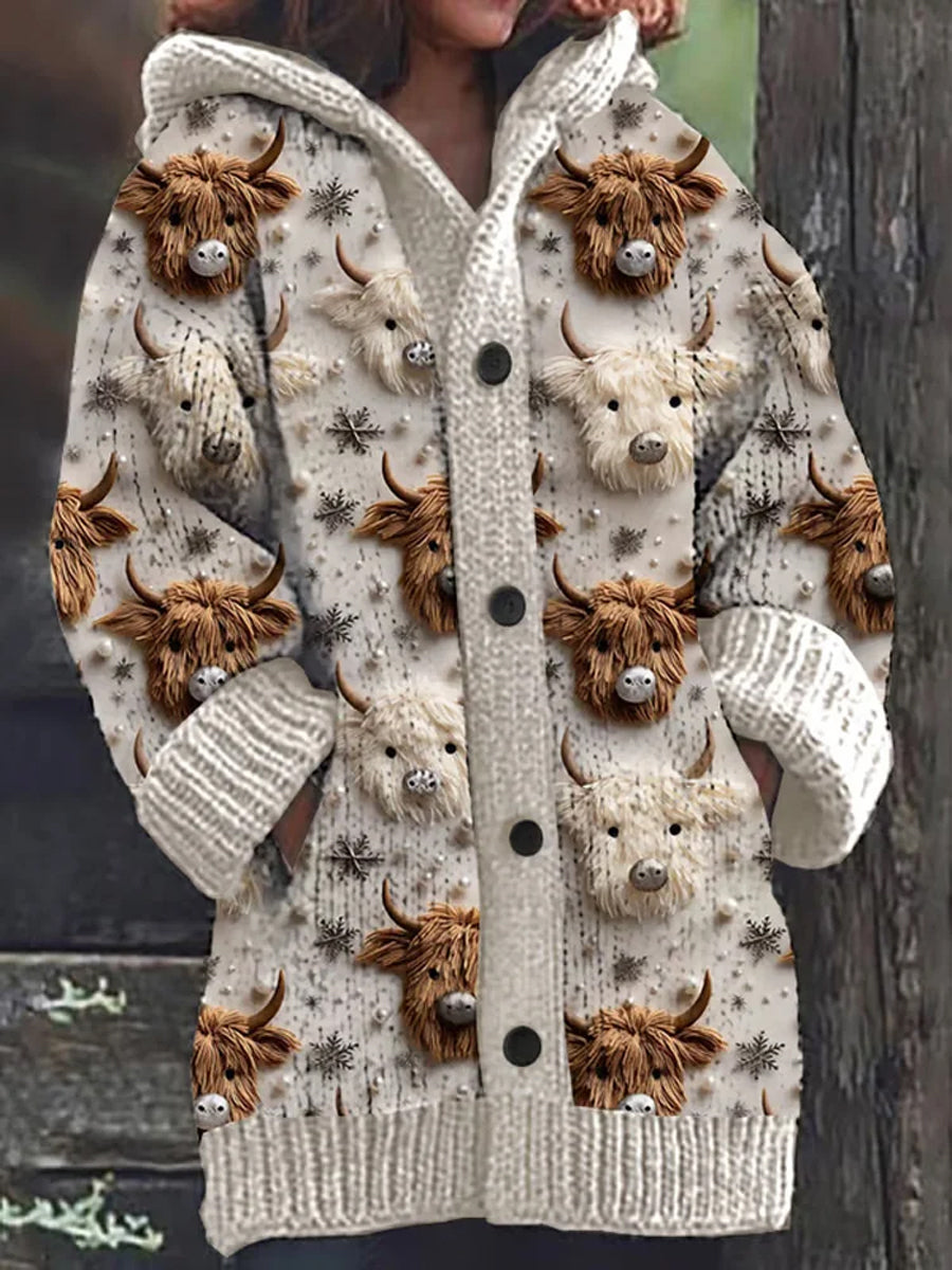 Coco-Mode | Brodé Veau Imprimé Bouton Épais Avec Manches Longues Hoodie Cardigan