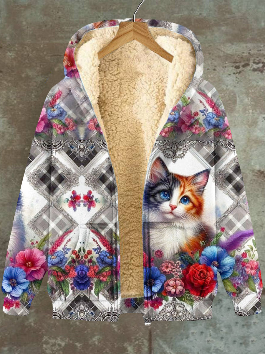 Coco-Mode | Femmes Hoodie avec motif de fleurs de chat poche fermeture éclair Fleece Sweatshirt Veste