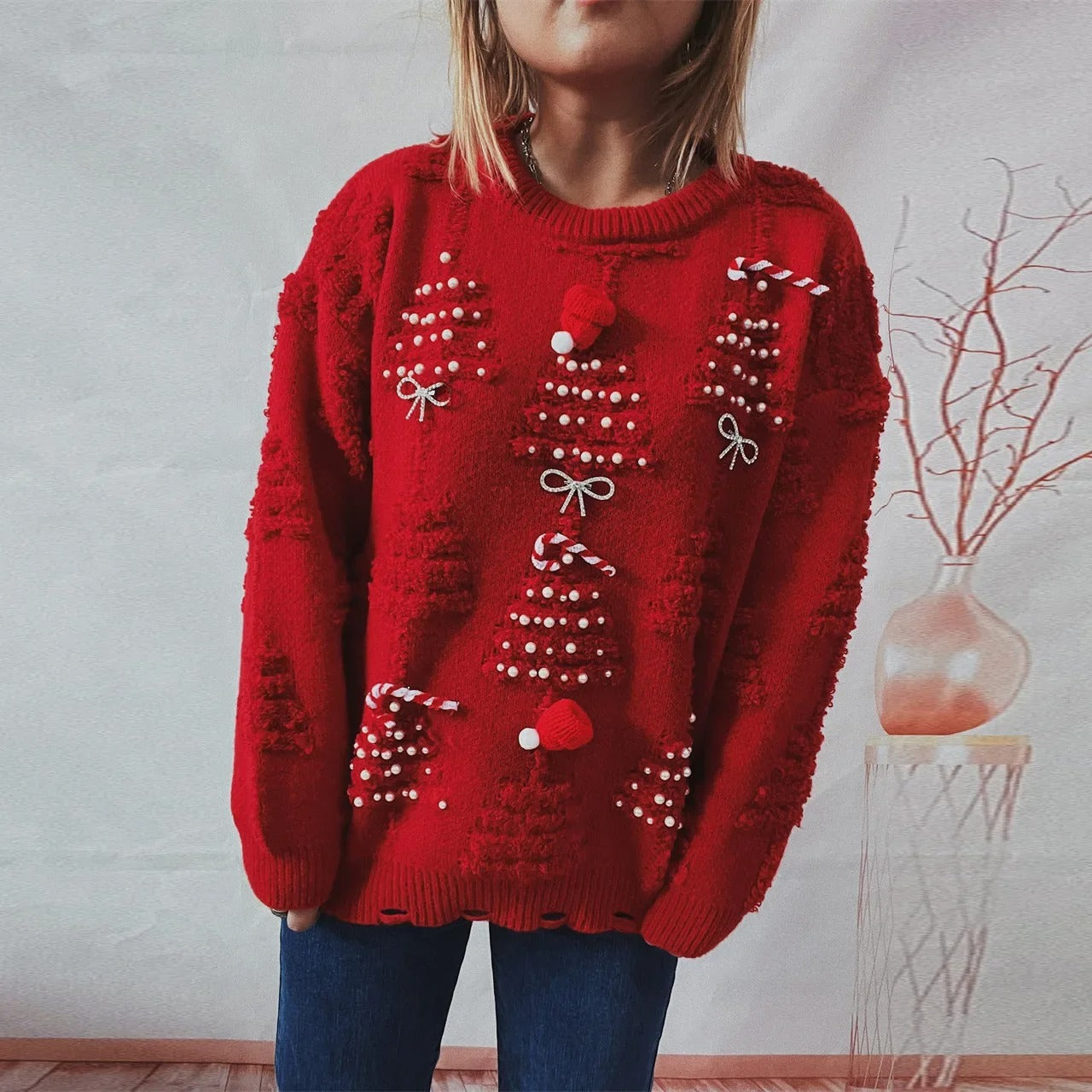 Marisa - Pull de Noël pour femme avec décor ludique en forme d'arbre