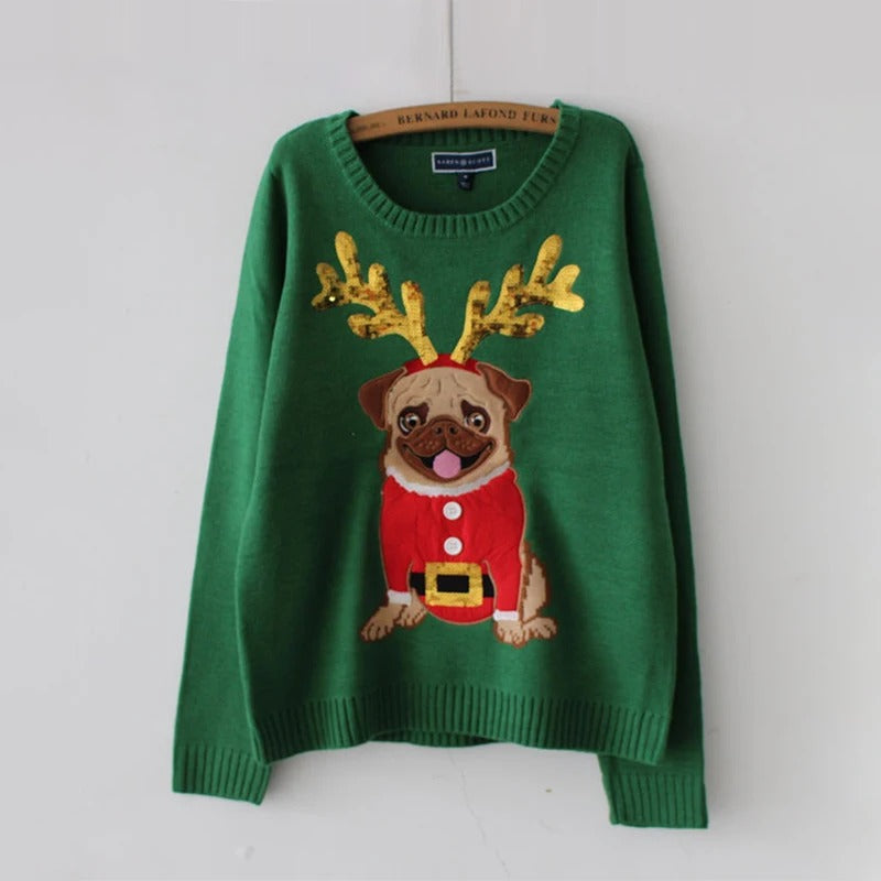 Paula - Pull de Noël pour femme avec motif de pug