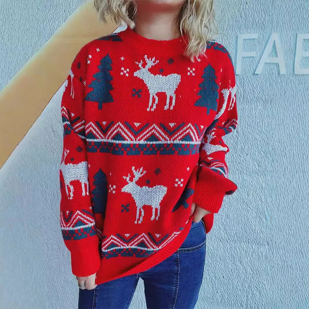 Anika - Pullover de Noël pour femme avec motif de rennes et de sapins