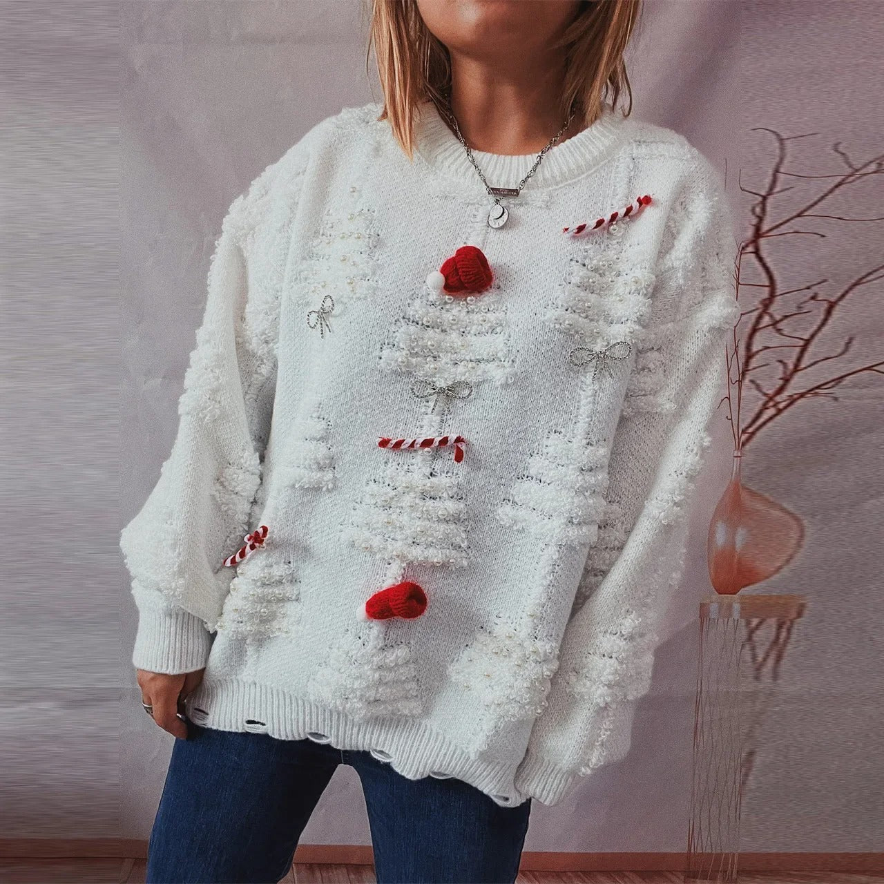 Marisa - Pull de Noël pour femme avec décor ludique en forme d'arbre