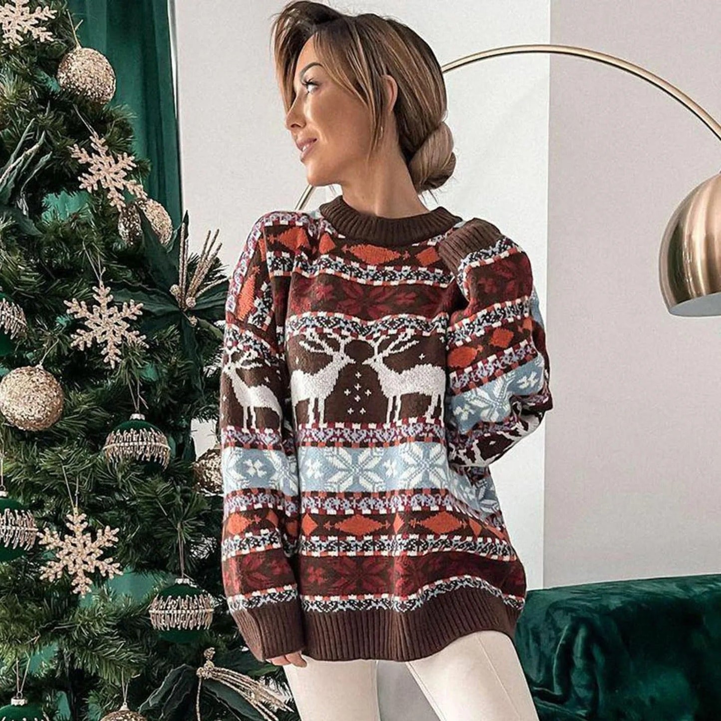 Katarina - Pull de Noël pour femme avec motif de rennes norvégiens