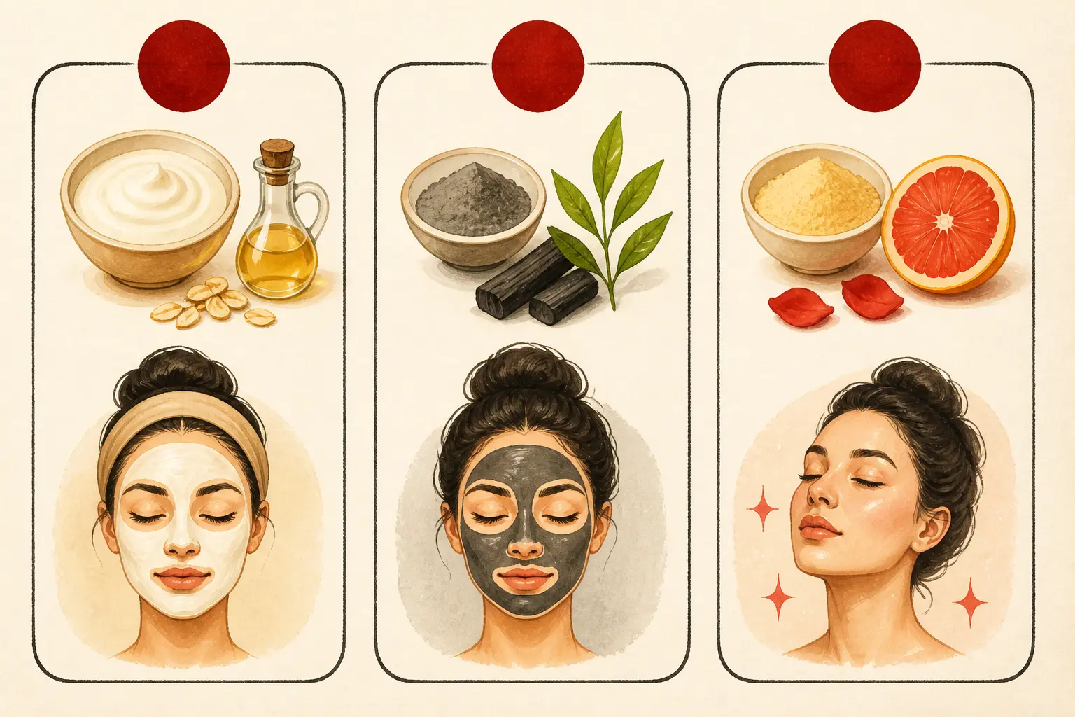 Infographie éditoriale en trois voies pour 28 recettes masque visage : hydratant, purifiant, éclat.