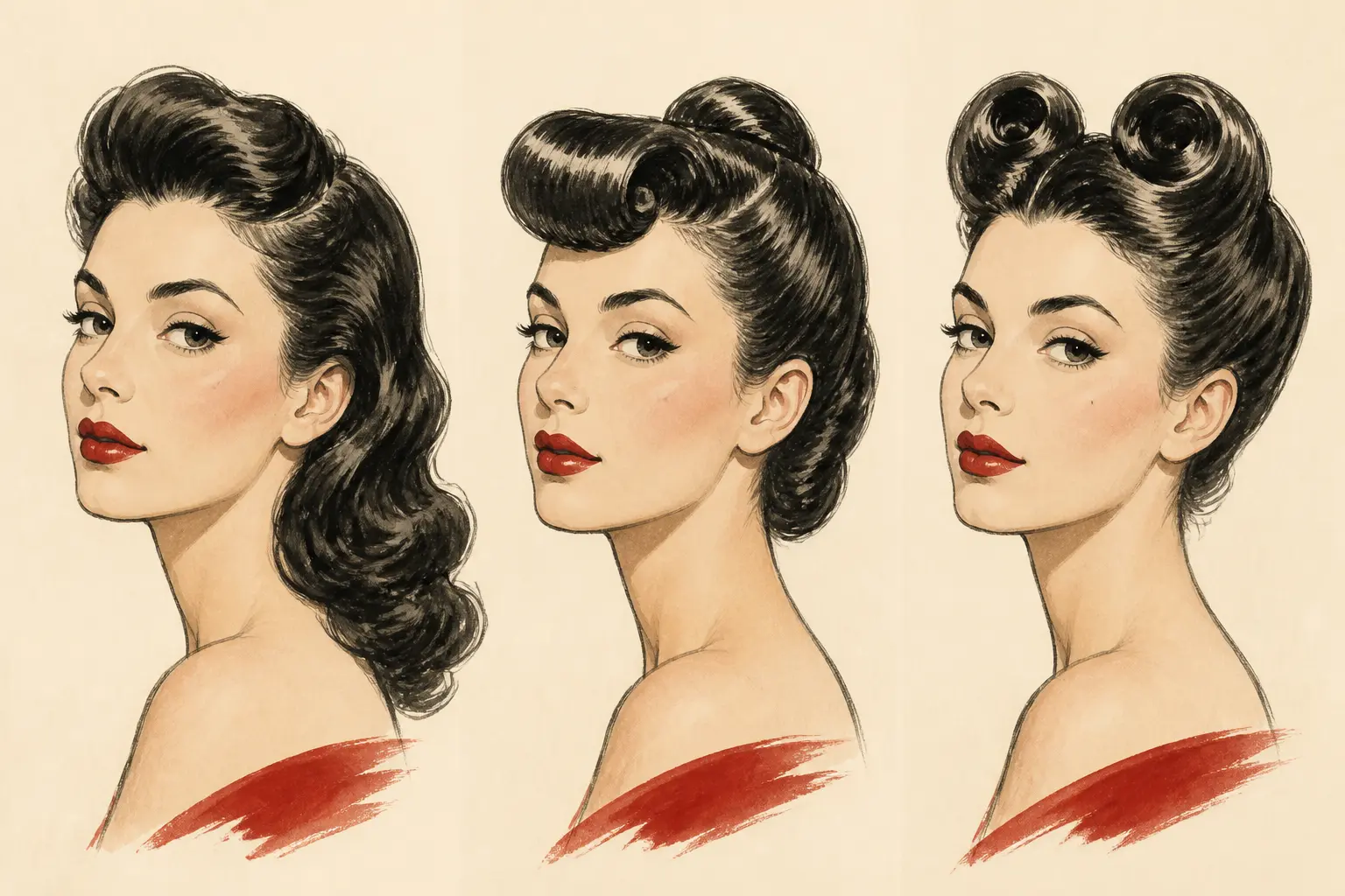Coiffure année 50 : triptyque éditorial montrant pin-up, rockabilly et victory rolls sur fond ivoire.