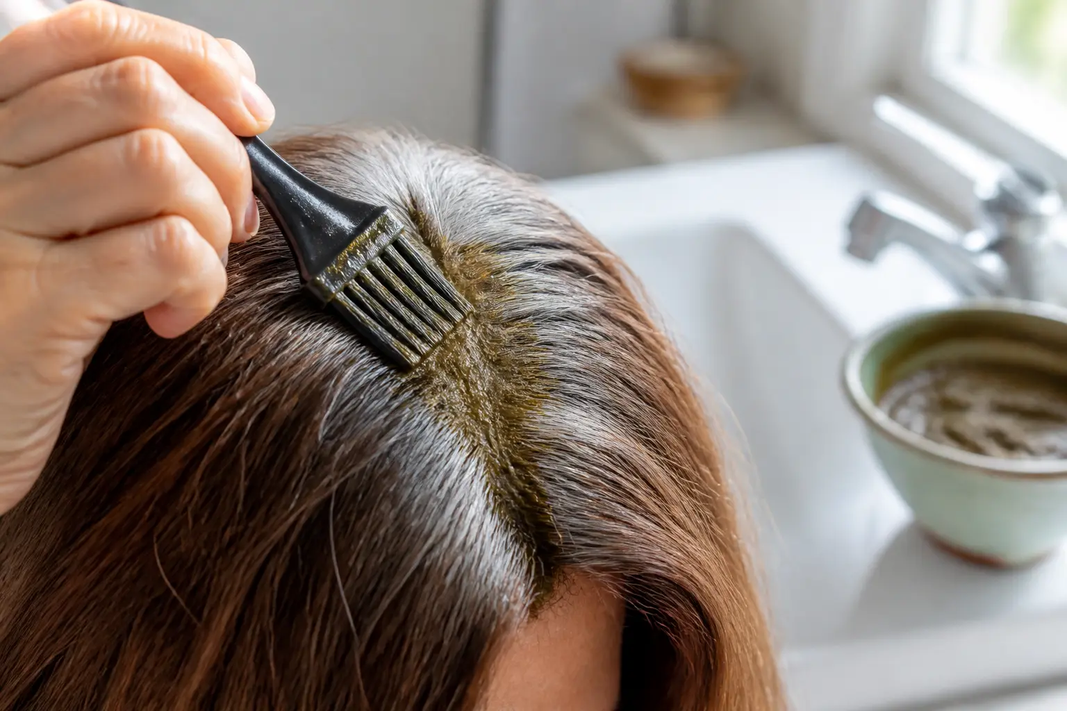 Coloration végétale cheveux blancs sur racines poivre et sel, près d’un lavabo, avec pinceau et bol.