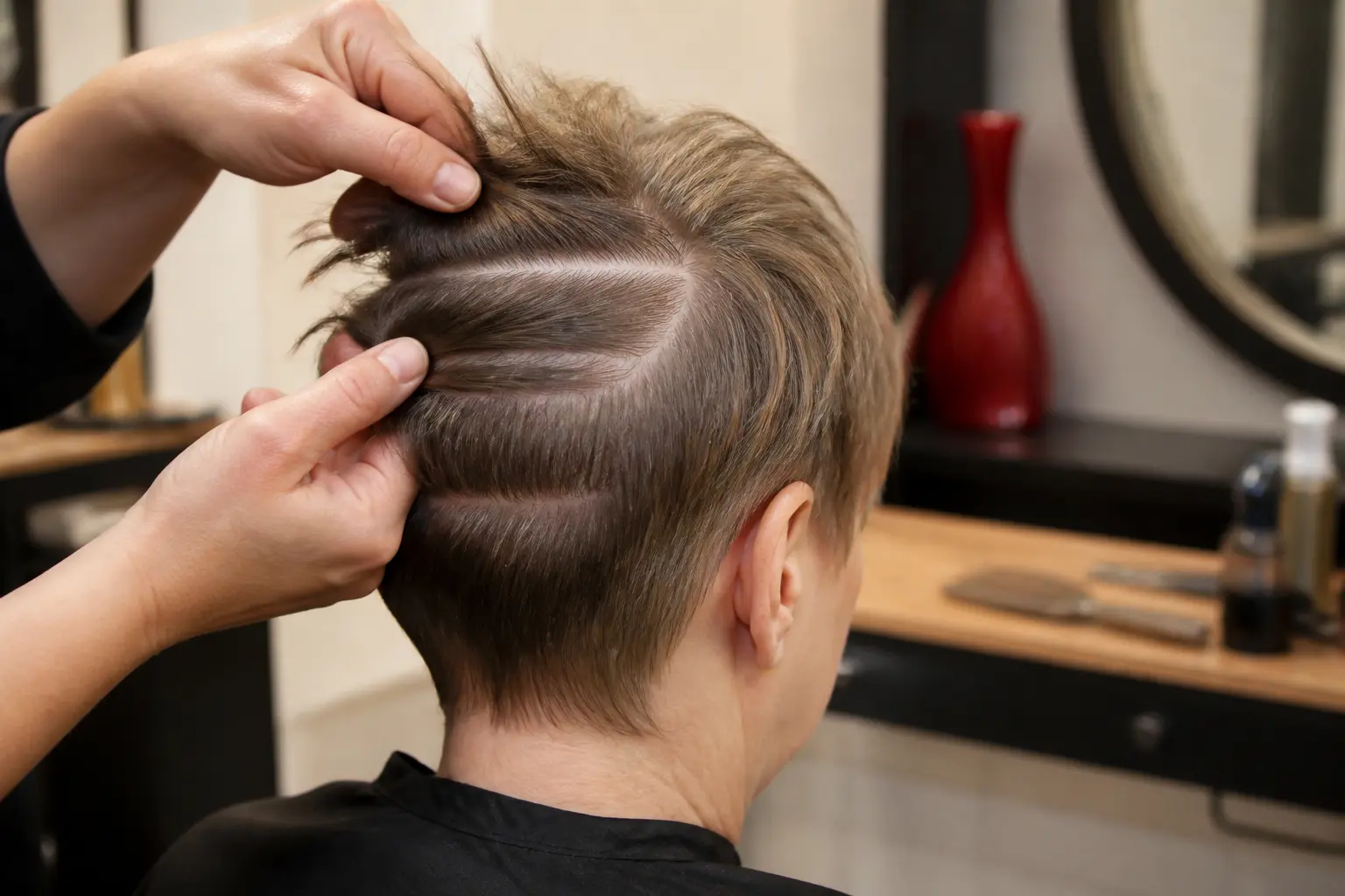 Coiffeur sectionnant une coupe courte cheveux fins et clairsemés pour comparer volume et densité au salon.