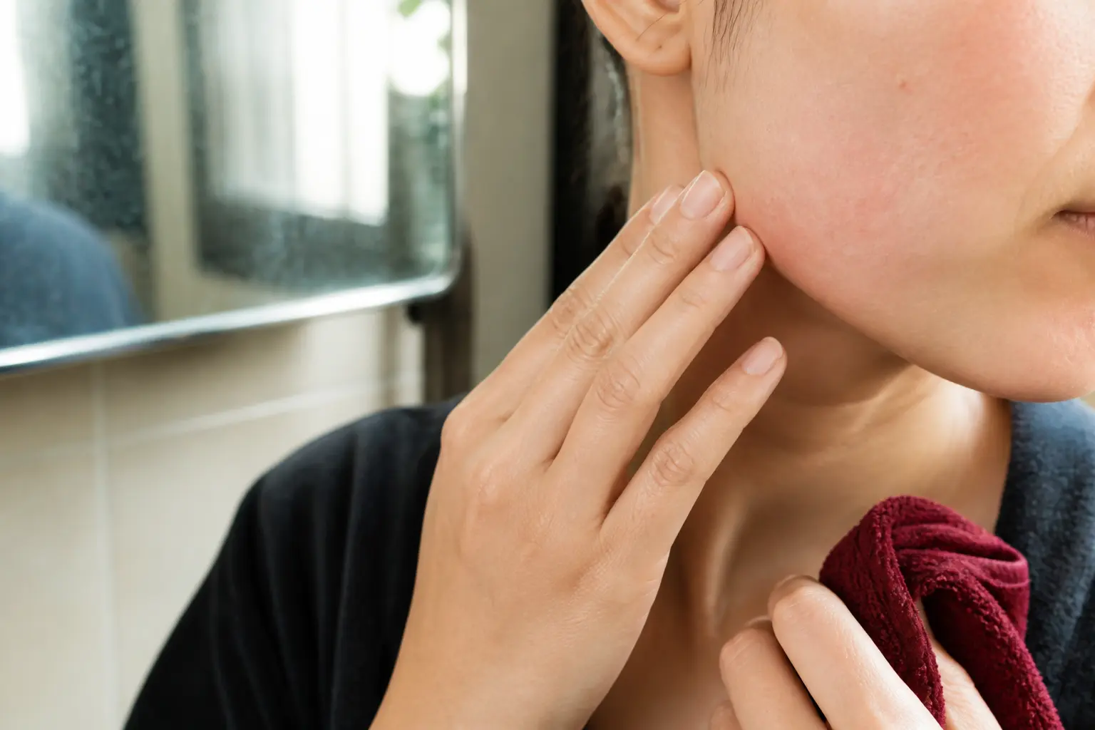 gommage visage peau sensible : main sur la mâchoire, légère rougeur et miroir de salle de bain