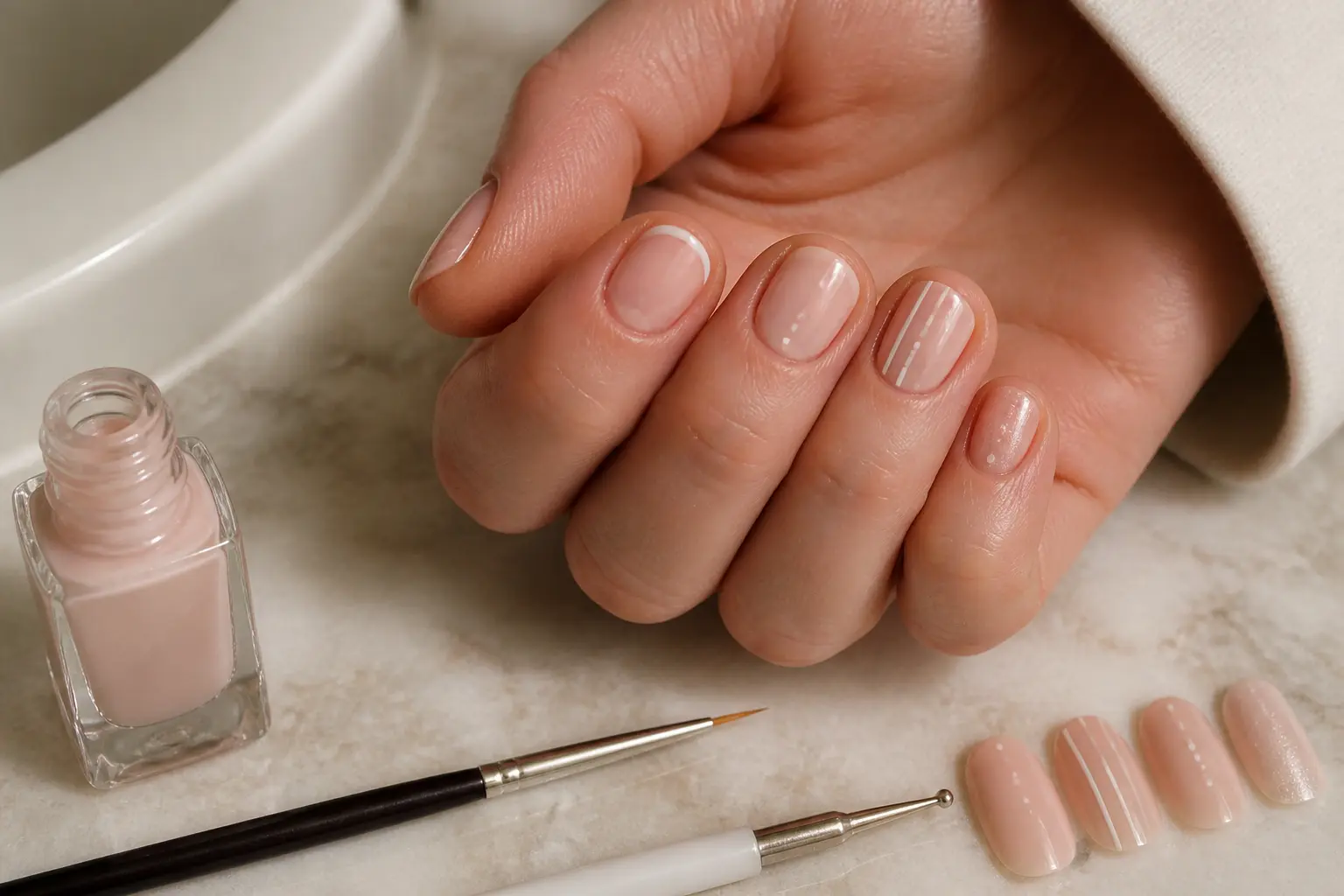 idee deco d ongle : main avec nail art minimal sur ongles courts, vernis nude, traits blancs et points