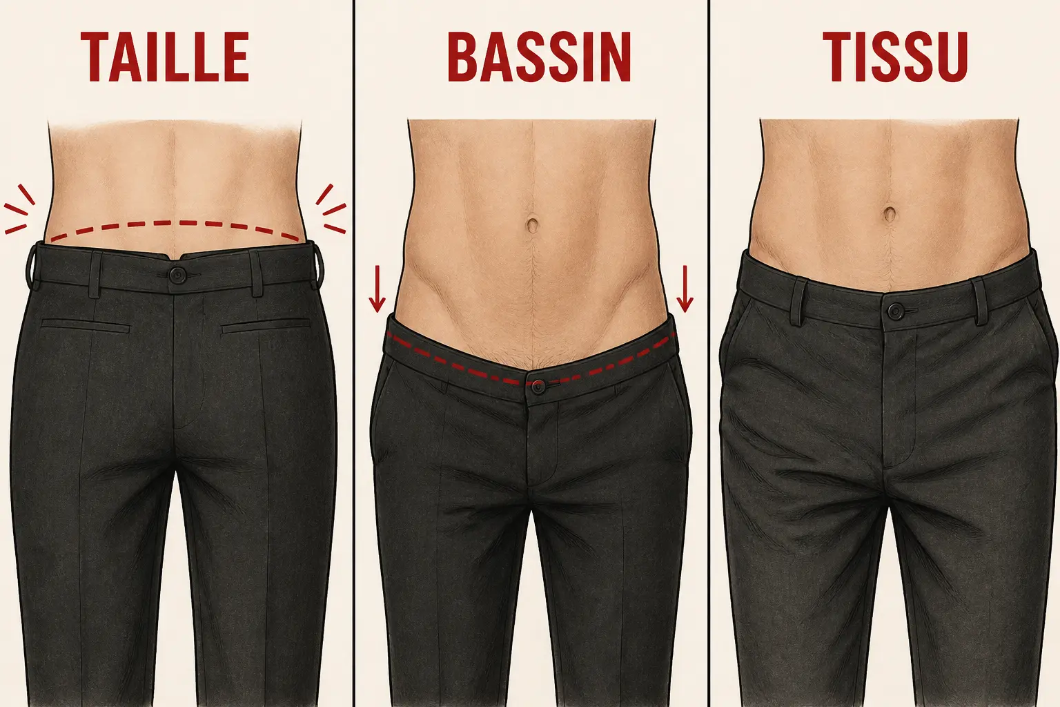Infographie en trois panneaux montrant un pantalon qui descend à cause de la taille, du bassin et du tissu.