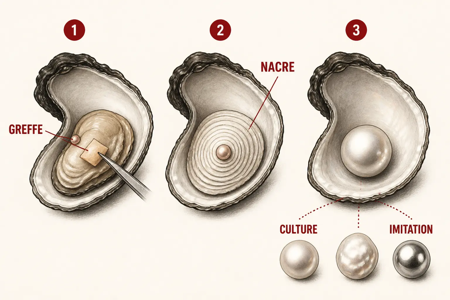 Infographie en trois volets expliquant la perle de culture : greffe, nacre, culture, imitation.
