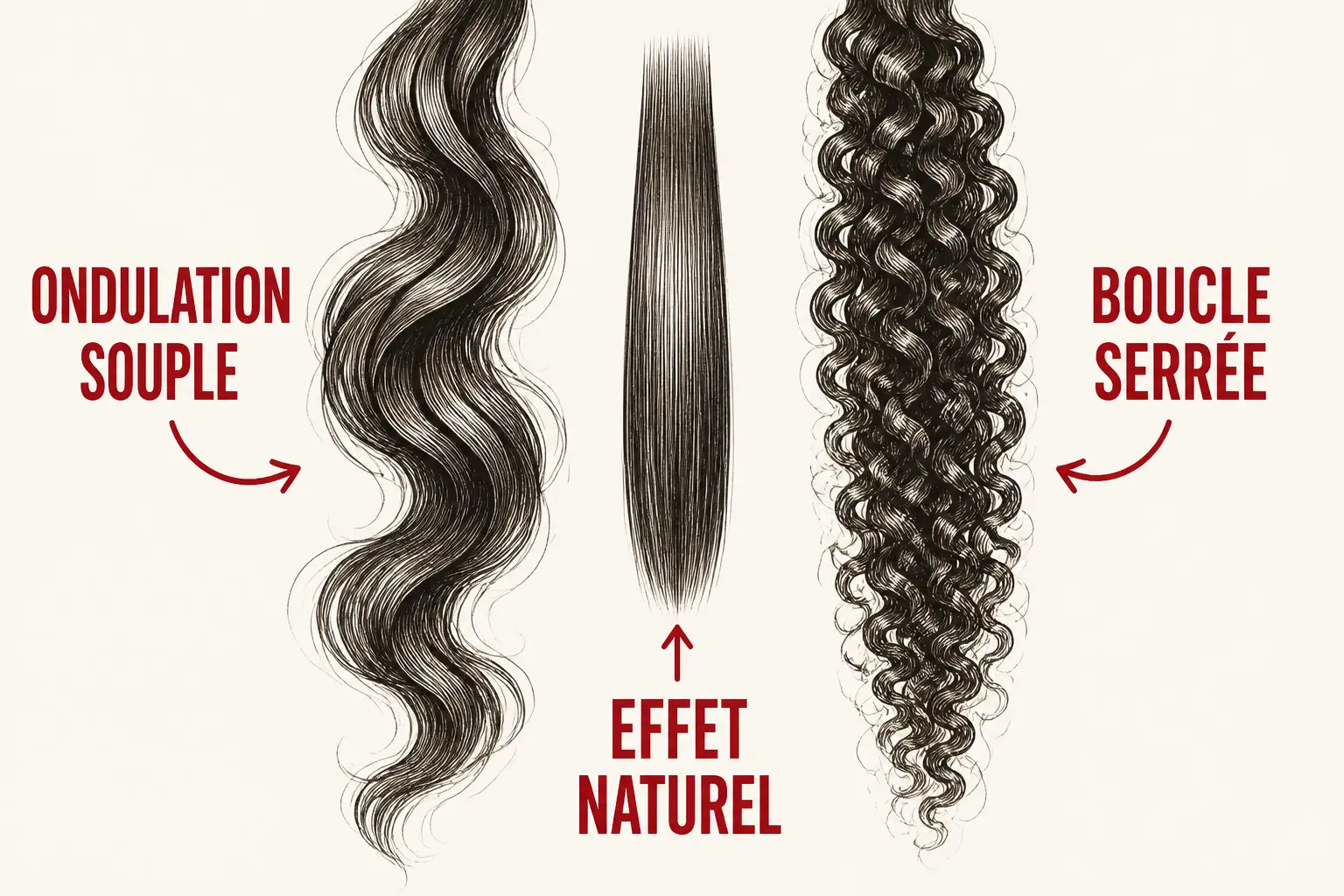 Comparaison de permanente wavy : ondulation souple, boucle serrée et effet naturel sur mèches stylisées.