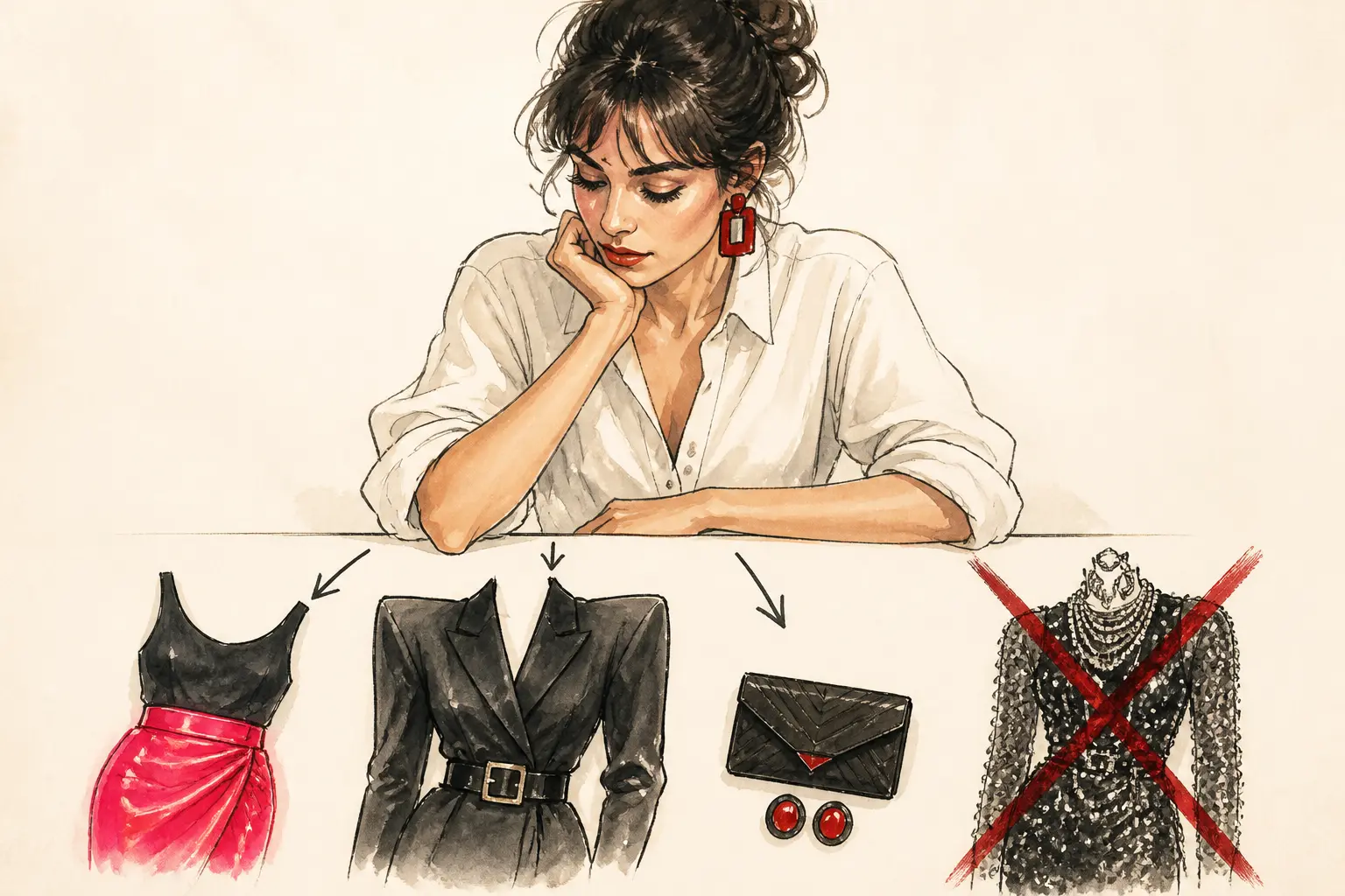 Soirée année 80 tenue : femme choisissant une tenue rétro moderne, néon, épaules marquées et accessoire discret.