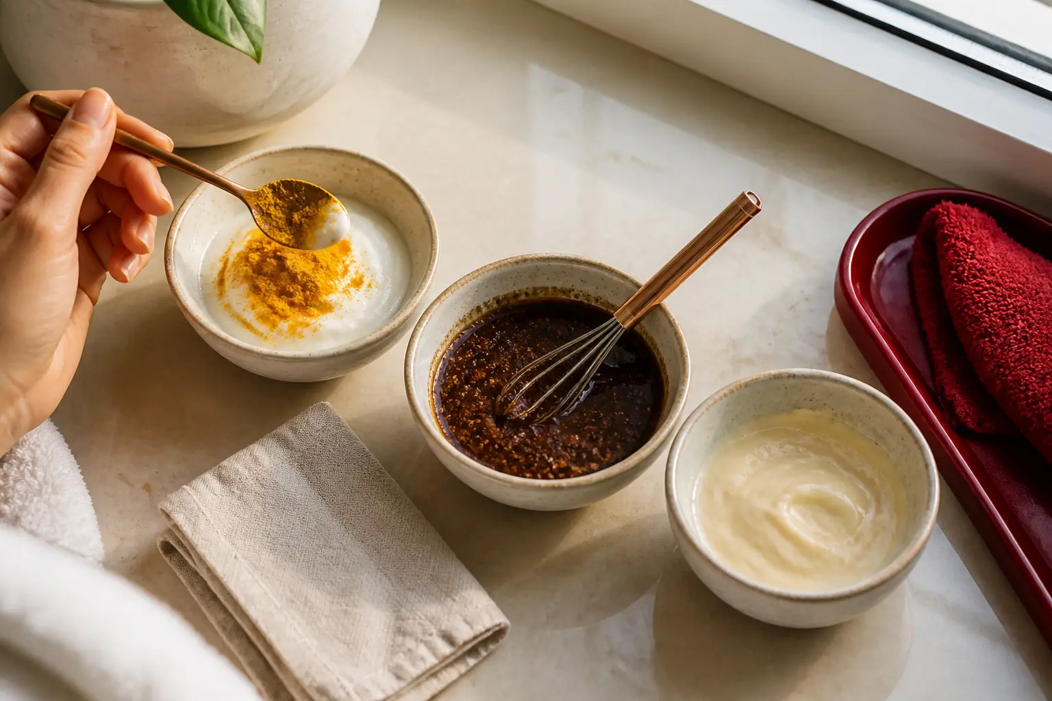 28 recettes masque visage : trois préparations DIY dans des bols, avec yaourt-curcuma, café-miel et base crémeuse.