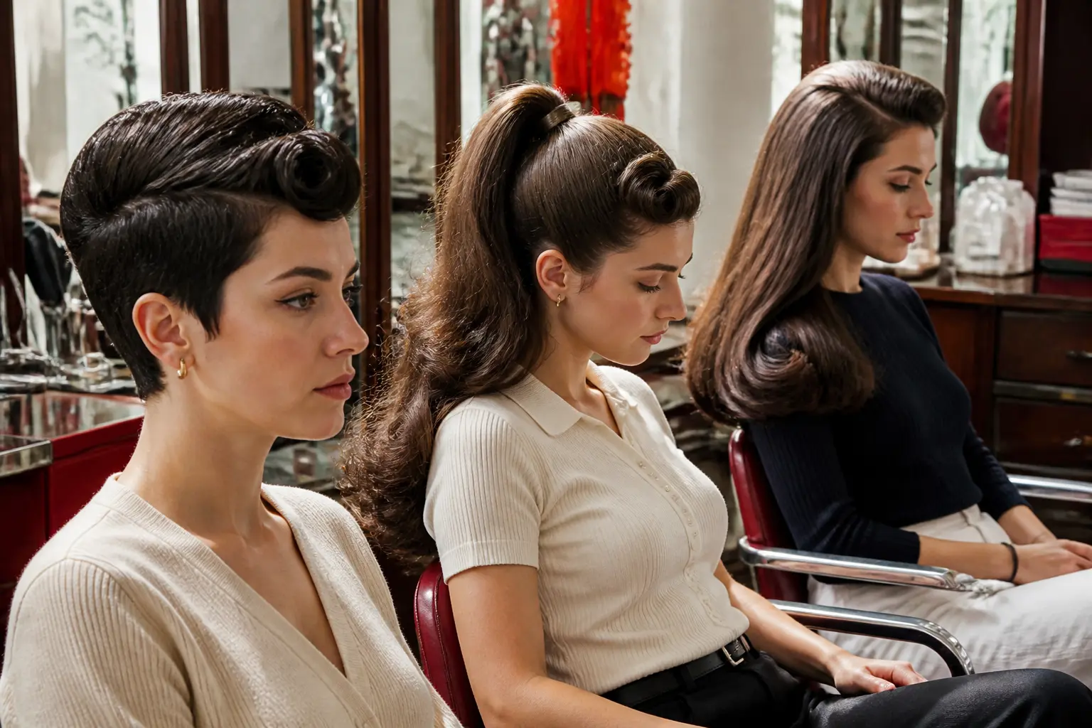 Coiffure année 50 : trois femmes en salon parisien montrent trois rendus selon la texture des cheveux.