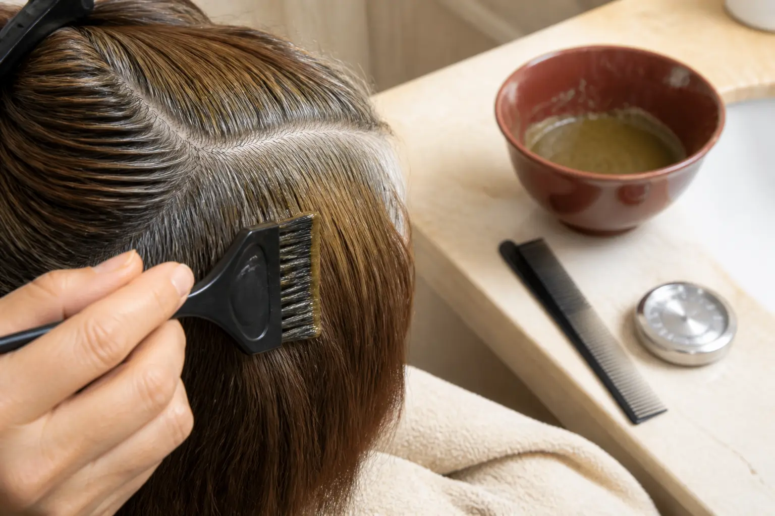 Coloration végétale cheveux blancs appliquée sur les racines, bol, brosse, peigne et minuteur sur un lavabo.