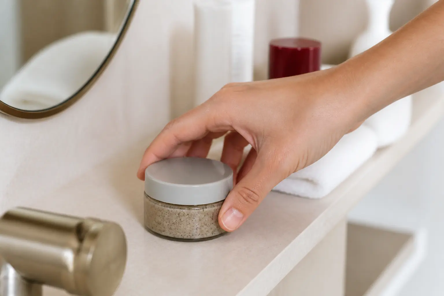 Gommage visage peau sensible : une main écarte un pot abrasif sur une étagère de salle de bain.