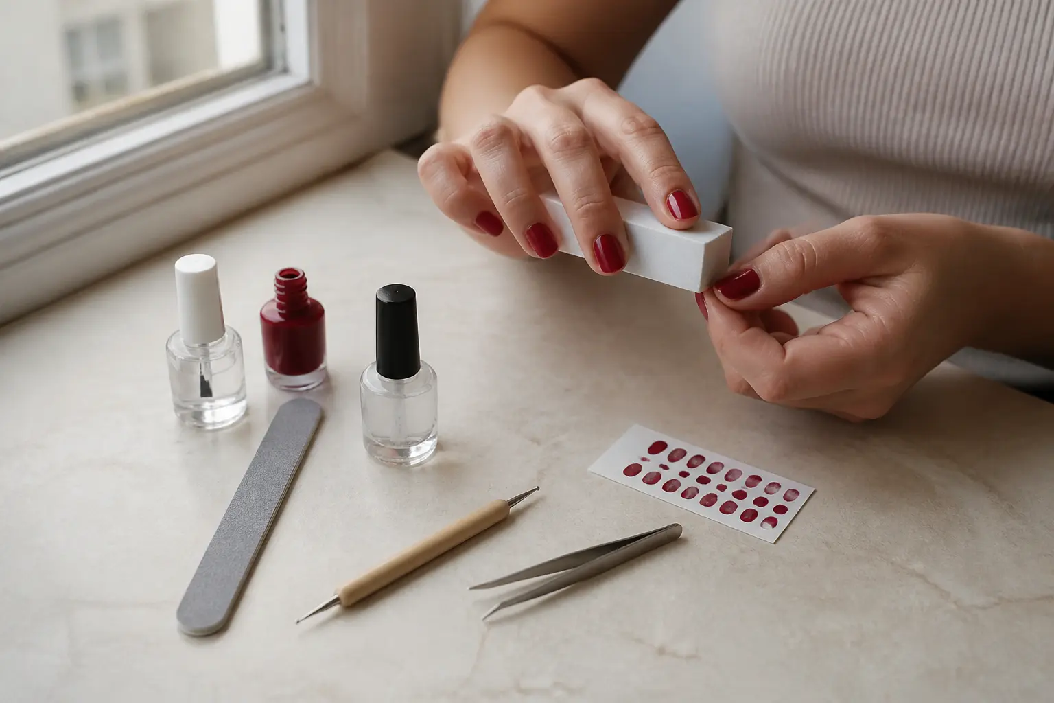 idee deco d ongle à la maison : mains préparant une manucure simple sur une table de cuisine