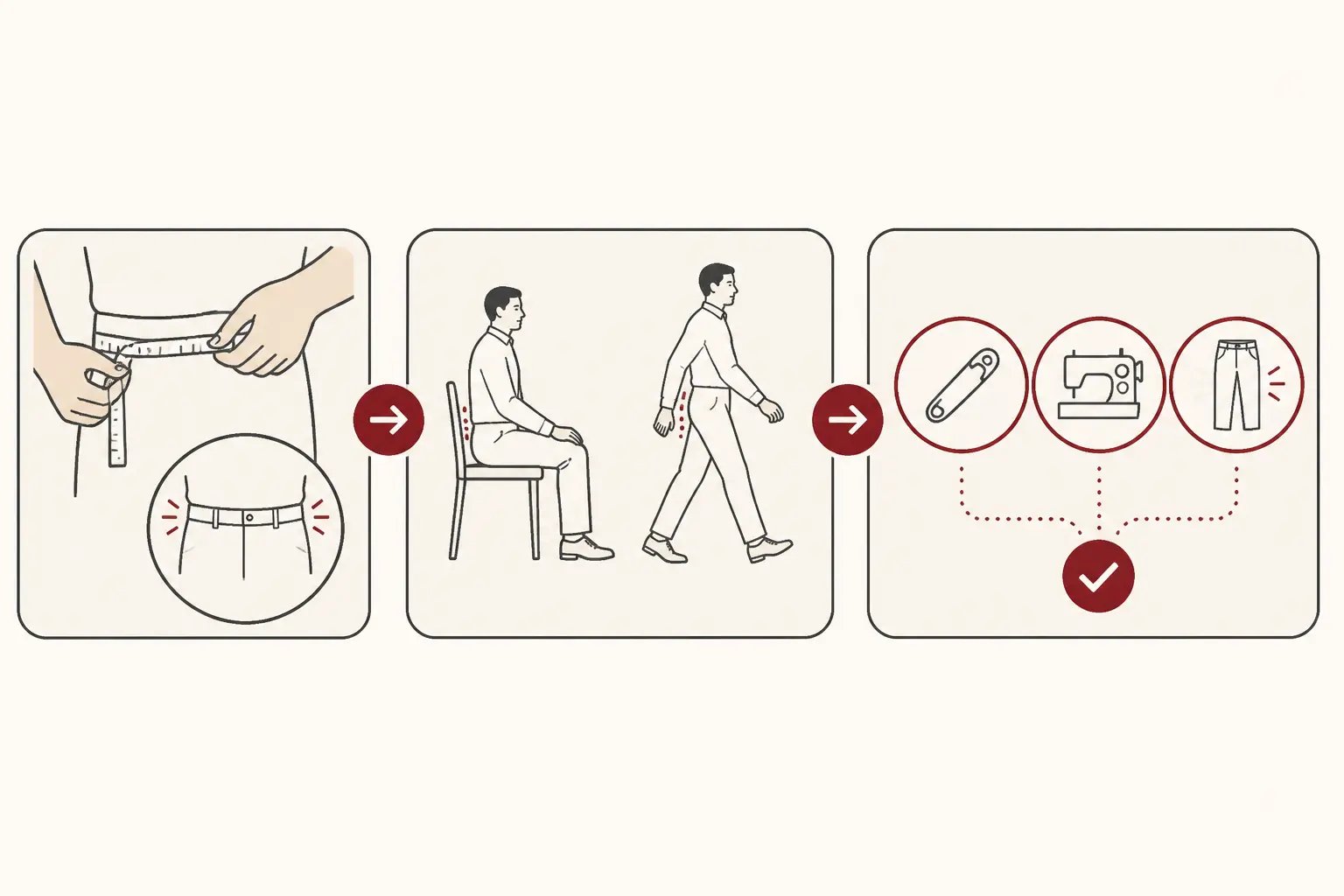 Infographie en trois étapes sur un pantalon qui descend : mesurer la taille, tester l’ajustement, choisir une solution.