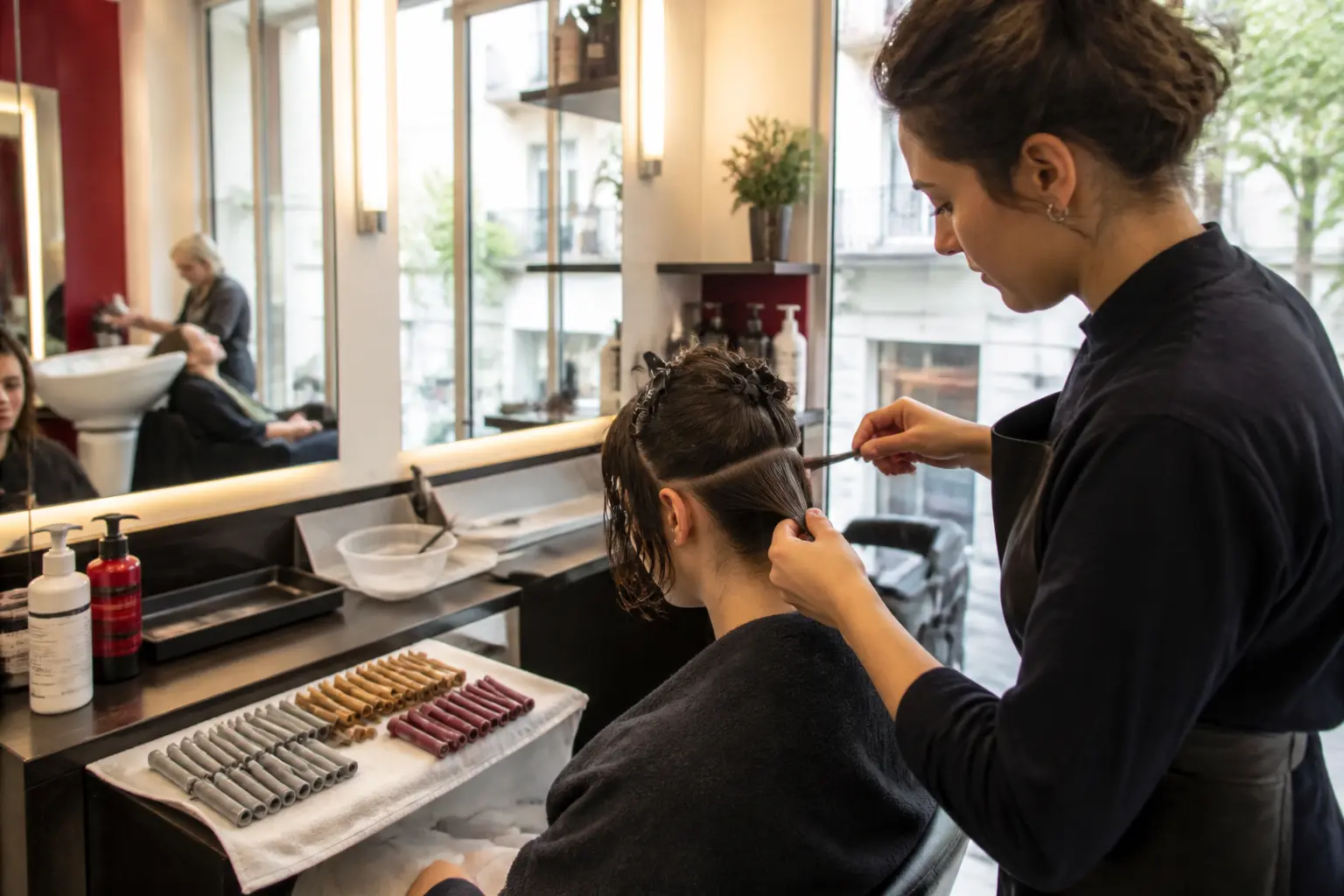 Permanente wavy en salon parisien : coiffeuse sectionnant les cheveux et préparant les rods.