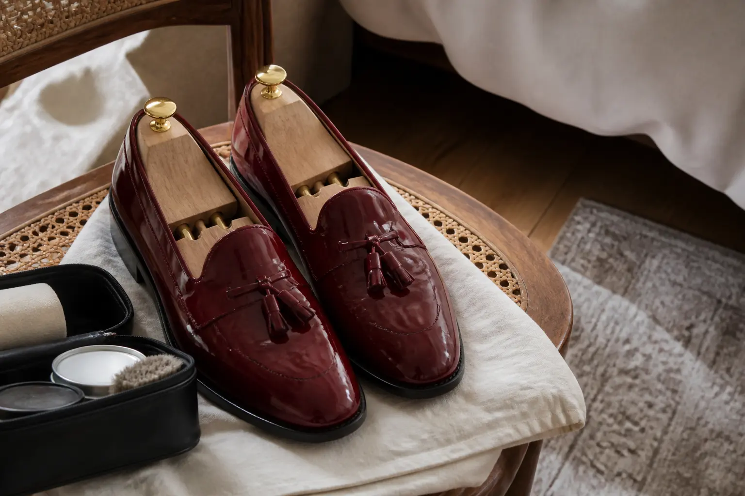 Chaussures vernies craquelées réparées, posées sur une chaise avec embauchoirs et kit d’entretien.