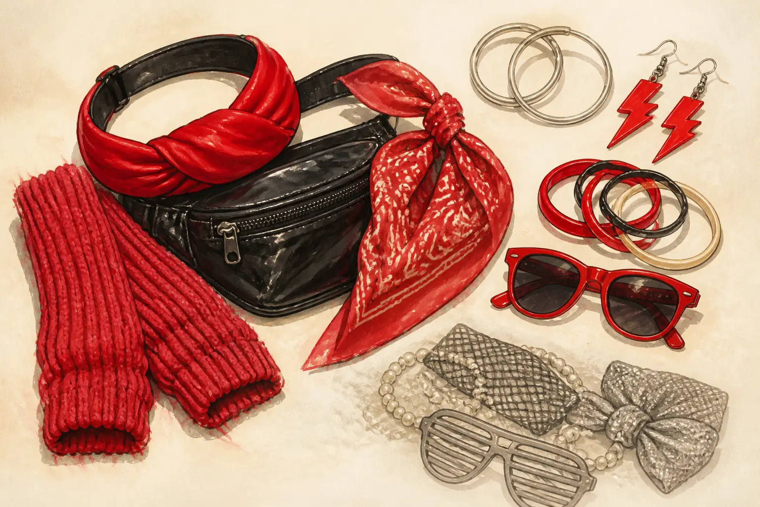 Accessoires de soirée année 80 tenue triés : headband, leg warmers, boucles d’oreilles et lunettes rétro.