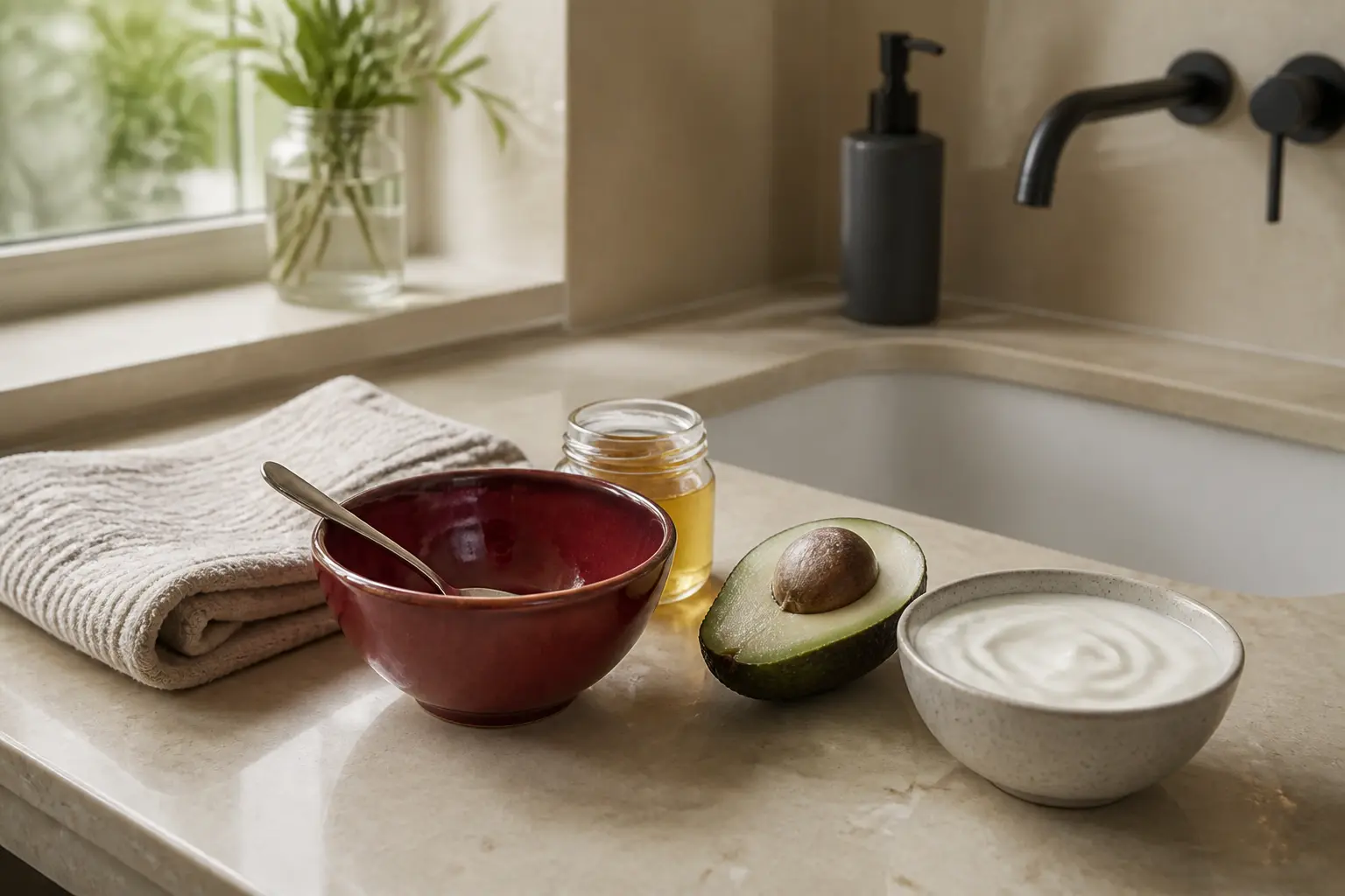 28 recettes masque visage : ingrédients simples sur un comptoir de salle de bain, bol, miel, avocat et yaourt.