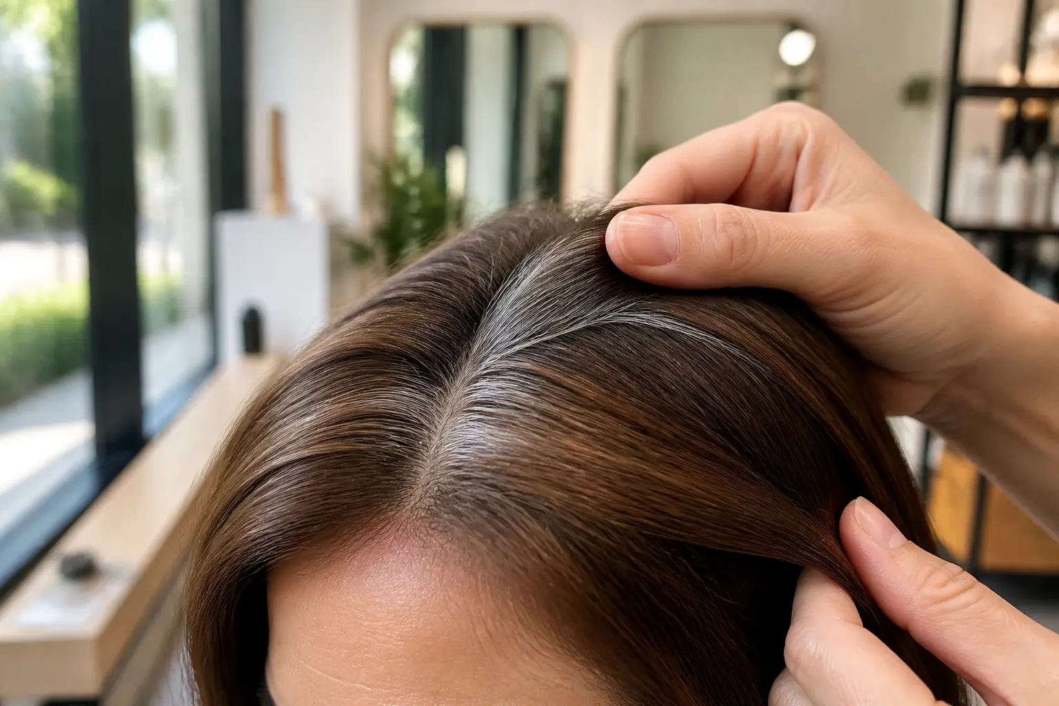 Coloration végétale cheveux blancs : raie sur racines blanches mêlées à des longueurs brun chaud en salon