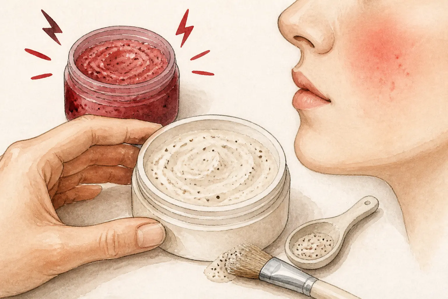 Gommage visage peau sensible : deux pots comparés, option douce au premier plan, joues rosées en repère.