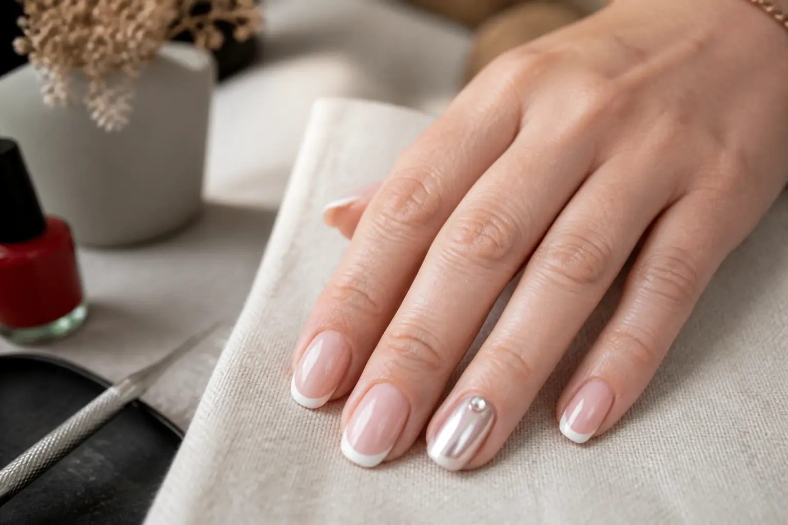 idee deco d ongle : main en salon avec french nude, un ongle chrome et un petit cristal