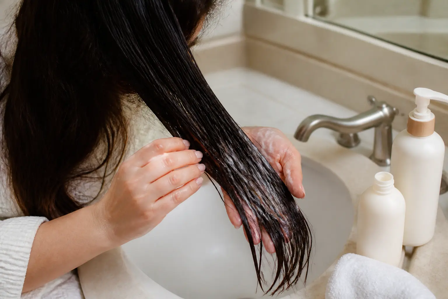 Lissage coréen : mains lavant et conditionnant des cheveux lisses dans un lavabo de salle de bain.