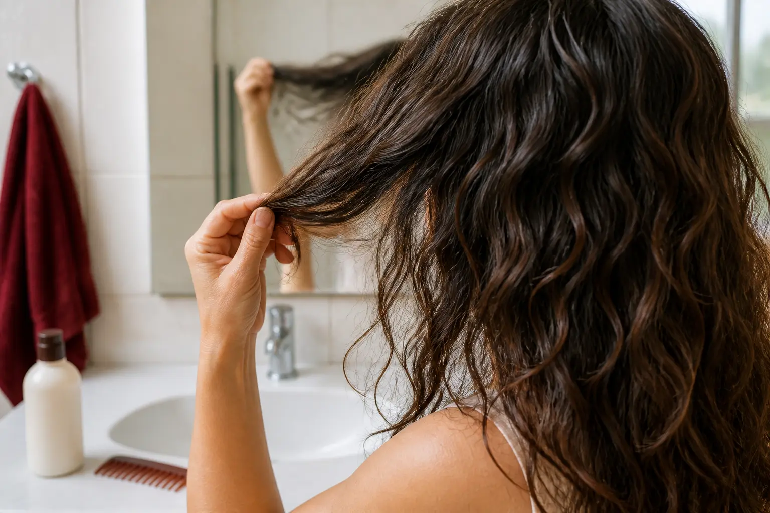 Permanente wavy deux semaines après salon, cheveux ondulés irréguliers dans une salle de bain lumineuse.