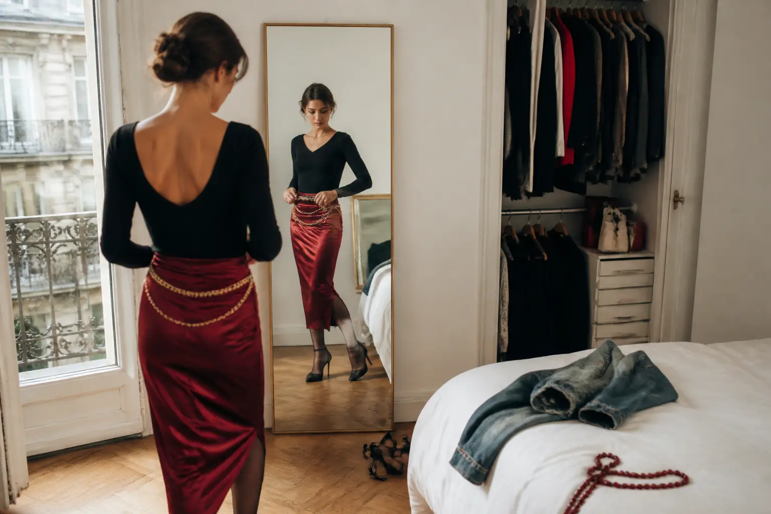 Soirée année 80 tenue : une femme ajuste sa silhouette devant un miroir, entre robe, veste et talons.